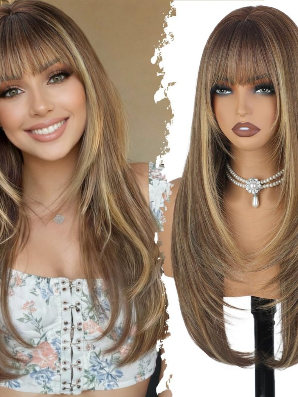 Wig with Bangs for Women,Long Straight,Brown Blonde Highlight